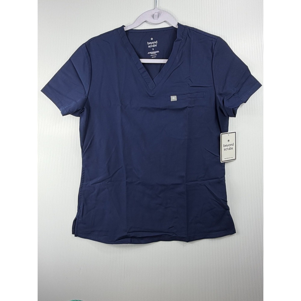 Beyond Scrubs Top Small Women Navy V-Neck Short Sleeve Pocket Medical Uniform